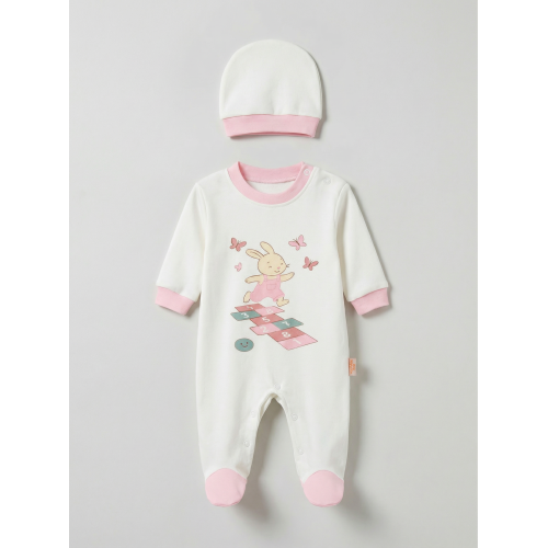 Pamuş 0-3-6 Ay Tavşan Penye Kız Bebek Tulum Pembe