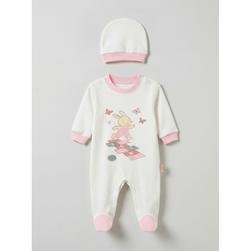 Pamuş 0-3-6 Ay Tavşan Penye Kız Bebek Tulum Pembe