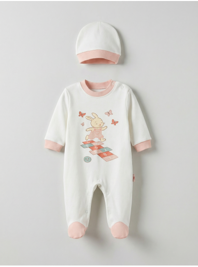 Pamuş 0-3-6 Ay Tavşan Penye Kız Bebek Tulum Somon