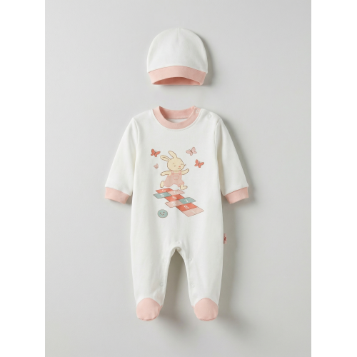 Pamuş 0-3-6 Ay Tavşan Penye Kız Bebek Tulum Somon