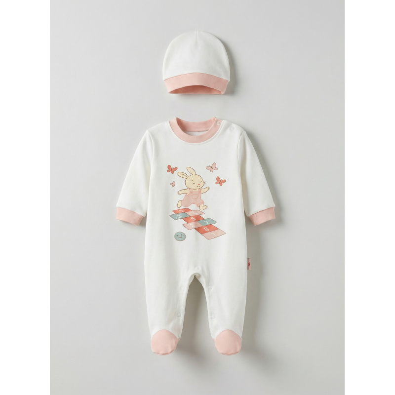 Pamuş 0-3-6 Ay Tavşan Penye Kız Bebek Tulum Somon