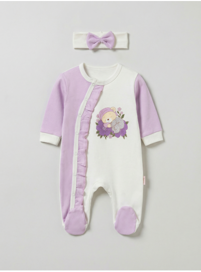 Pamuş 0-3-6 Ay Uyuyan Ayıcık Penye Kız Bebek Tulum Lila