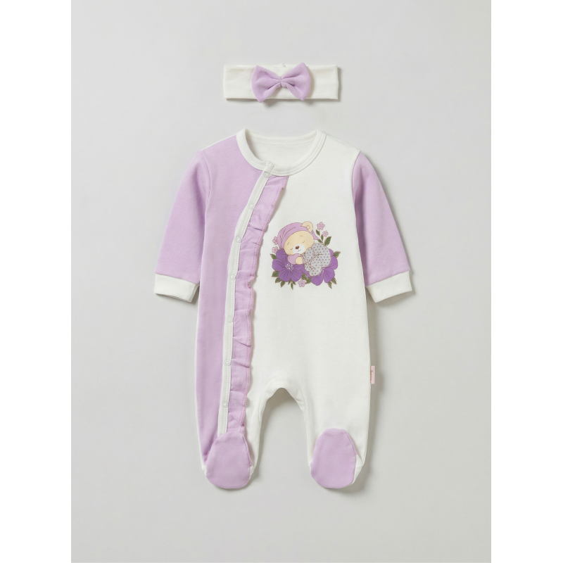 Pamuş 0-3-6 Ay Uyuyan Ayıcık Penye Kız Bebek Tulum Lila