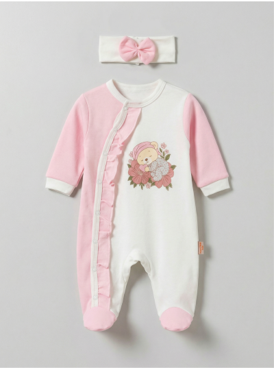 Pamuş 0-3-6 Ay Uyuyan Ayıcık Penye Kız Bebek Tulum Pembe
