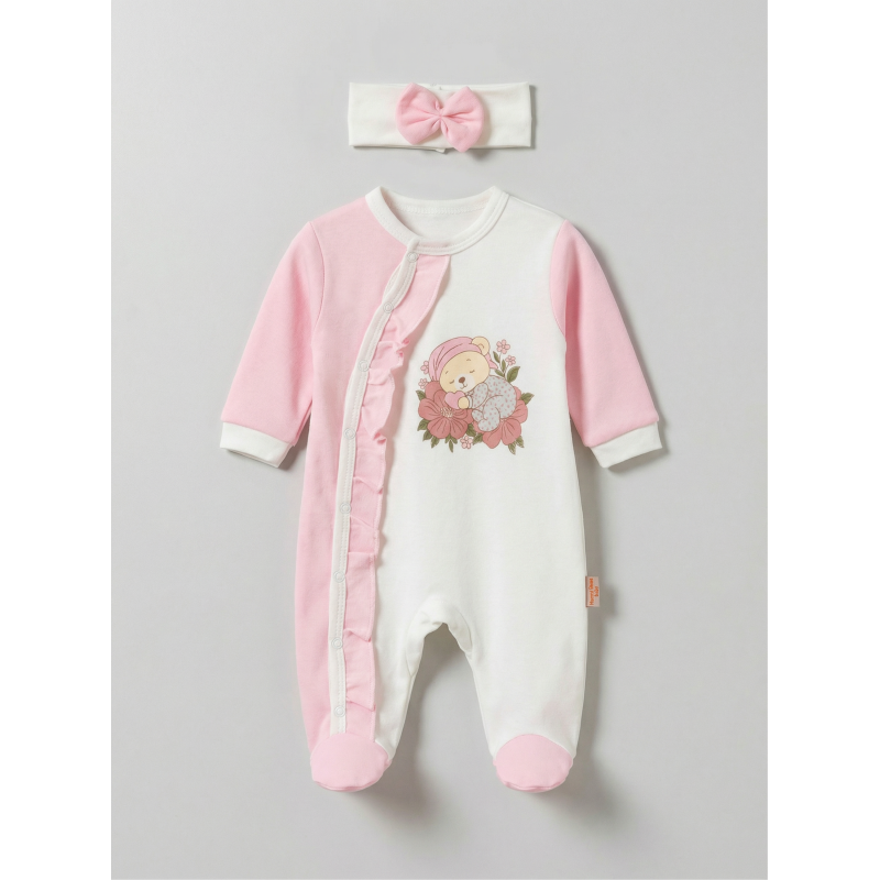 Pamuş 0-3-6 Ay Uyuyan Ayıcık Penye Kız Bebek Tulum Pembe