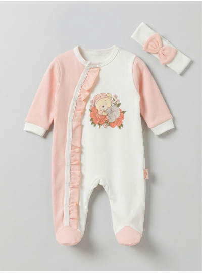 Pamuş 0-3-6 Ay Uyuyan Ayıcık Penye Kız Bebek Tulum Somon