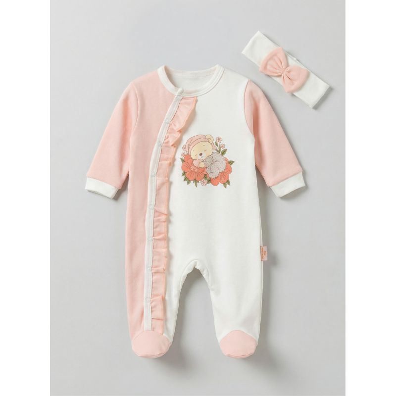 Pamuş 0-3-6 Ay Uyuyan Ayıcık Penye Kız Bebek Tulum Somon