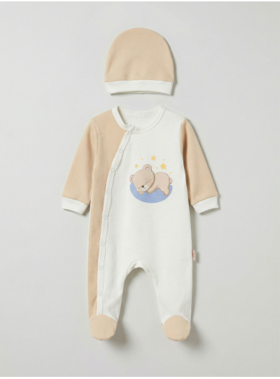 Pamuş 0-3-6 Ay Yıldızlı Ayıcık Penye Erkek Bebek Tulum Bej