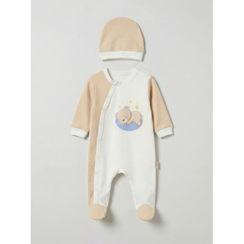 Pamuş 0-3-6 Ay Yıldızlı Ayıcık Penye Erkek Bebek Tulum Bej