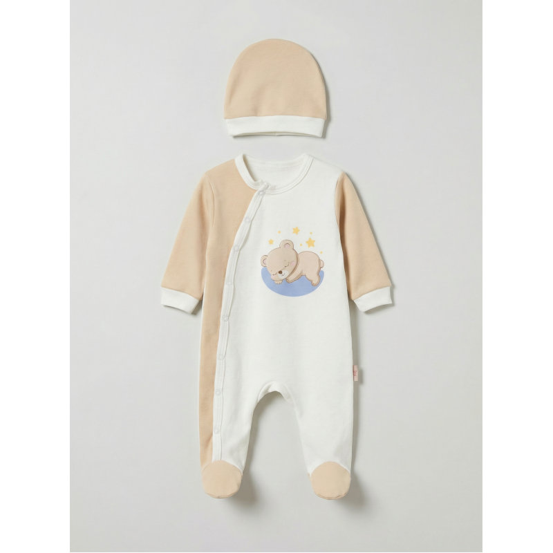 Pamuş 0-3-6 Ay Yıldızlı Ayıcık Penye Erkek Bebek Tulum Bej