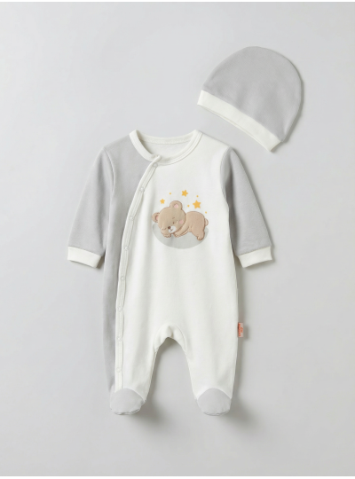 Pamuş 0-3-6 Ay Yıldızlı Ayıcık Penye Erkek Bebek Tulum Gri