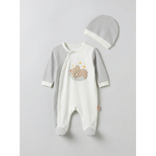 Pamuş 0-3-6 Ay Yıldızlı Ayıcık Penye Erkek Bebek Tulum Gri