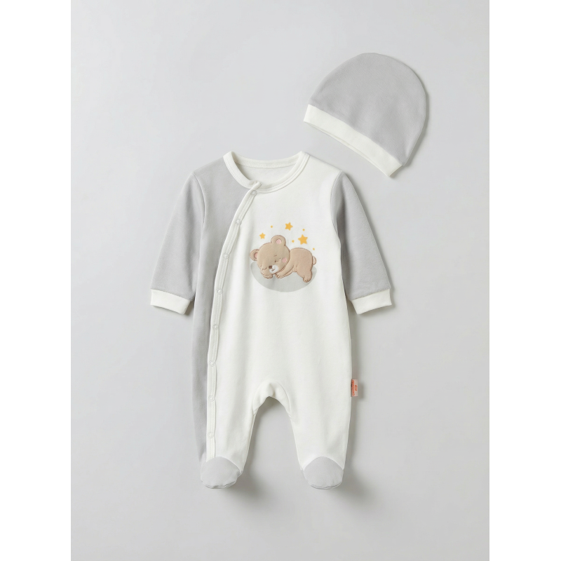 Pamuş 0-3-6 Ay Yıldızlı Ayıcık Penye Erkek Bebek Tulum Gri