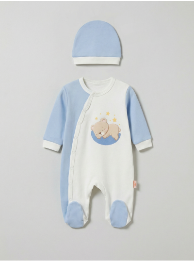 Pamuş 0-3-6 Ay Yıldızlı Ayıcık Penye Erkek Bebek Tulum Mavi