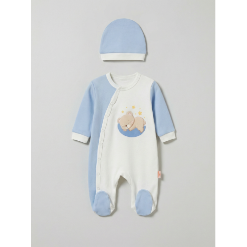 Pamuş 0-3-6 Ay Yıldızlı Ayıcık Penye Erkek Bebek Tulum Mavi