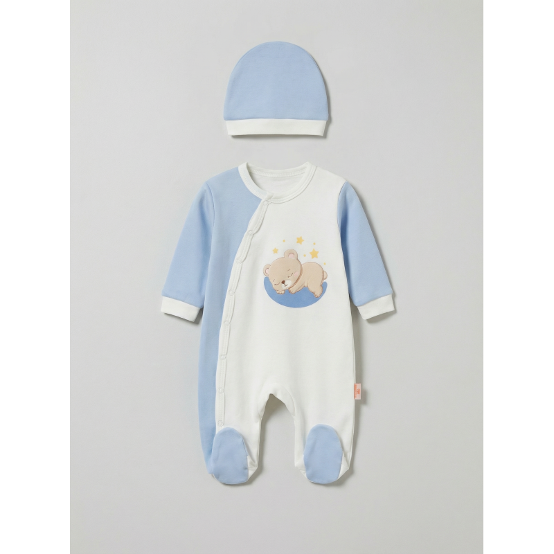 Pamuş 0-3-6 Ay Yıldızlı Ayıcık Penye Erkek Bebek Tulum Mavi