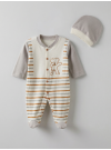 Pamuş 0-3-6 Ay Çizgili Ayıcık Penye Erkek Bebek Tulum Gri