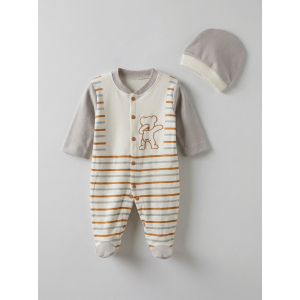 Pamuş 0-3-6 Ay Çizgili Ayıcık Penye Erkek Bebek Tulum Gri