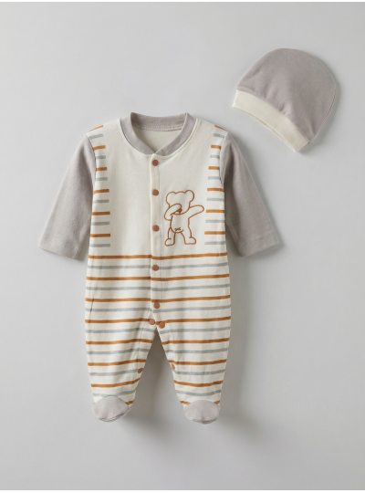 Pamuş 0-3-6 Ay Çizgili Ayıcık Penye Erkek Bebek Tulum Gri