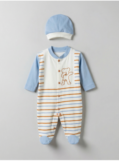 Pamuş 0-3-6 Ay Çizgili Ayıcık Penye Erkek Bebek Tulum Mavi