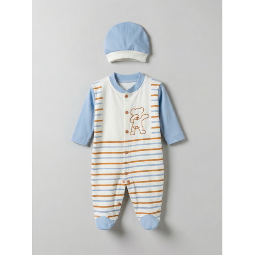 Pamuş 0-3-6 Ay Çizgili Ayıcık Penye Erkek Bebek Tulum Mavi