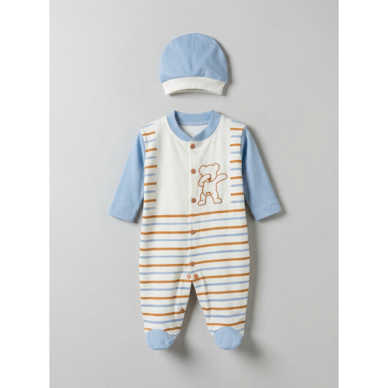 Pamuş 0-3-6 Ay Çizgili Ayıcık Penye Erkek Bebek Tulum Mavi