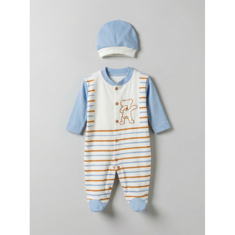 Pamuş 0-3-6 Ay Çizgili Ayıcık Penye Erkek Bebek Tulum Mavi