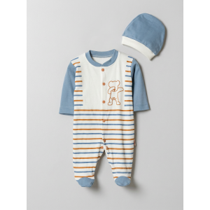 Pamuş 0-3-6 Ay Çizgili Ayıcık Penye Erkek Bebek Tulum Okyanus