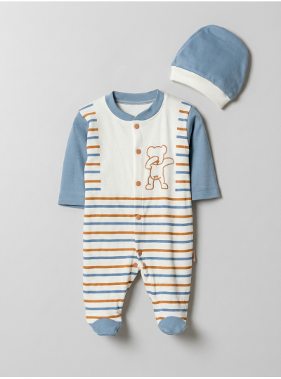 Pamuş 0-3-6 Ay Çizgili Ayıcık Penye Erkek Bebek Tulum Okyanus