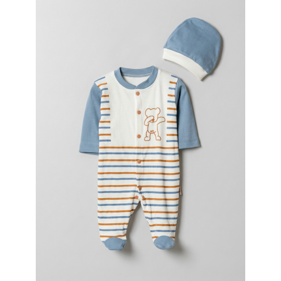 Pamuş 0-3-6 Ay Çizgili Ayıcık Penye Erkek Bebek Tulum Okyanus