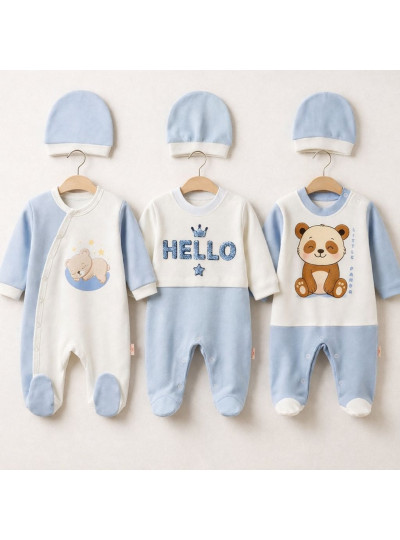 Pamuş 3’lü Baskılı ve Nakışlı %100 Pamuk Erkek Bebek Tulum Seti 0-3-6 Ay
