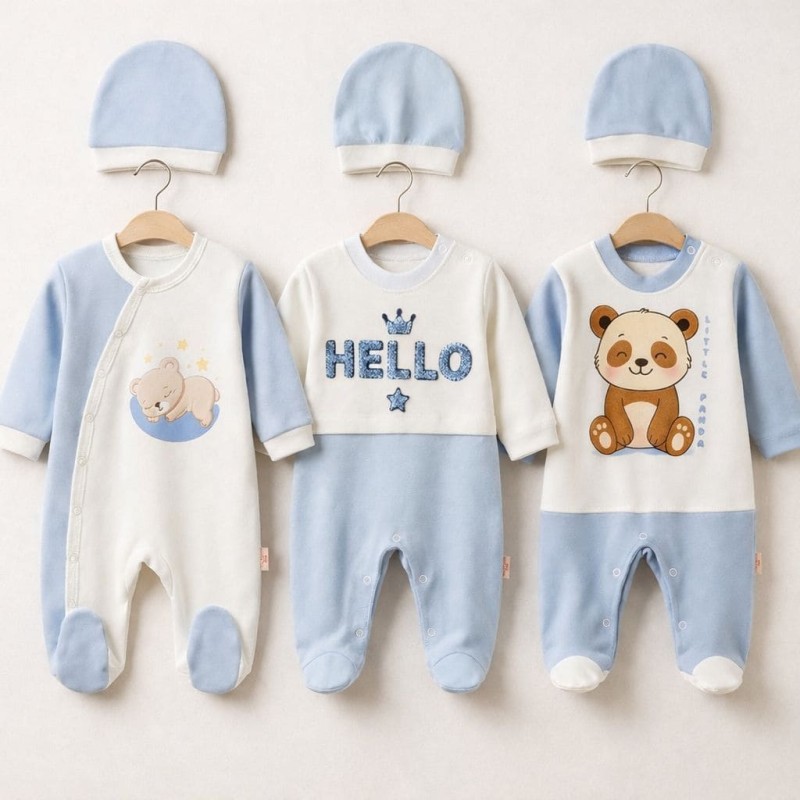 Pamuş 3’lü Baskılı ve Nakışlı %100 Pamuk Erkek Bebek Tulum Seti 0-3-6 Ay