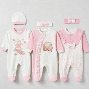 Pamuş 3’lü Baskılı ve Nakışlı %100 Pamuk Kız Bebek Tulum Seti