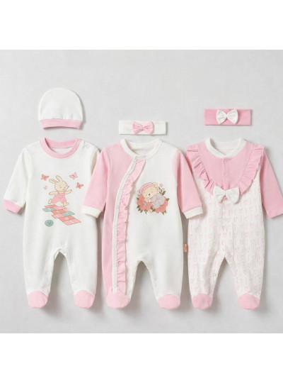 Pamuş 3’lü Baskılı ve Nakışlı %100 Pamuk Kız Bebek Tulum Seti