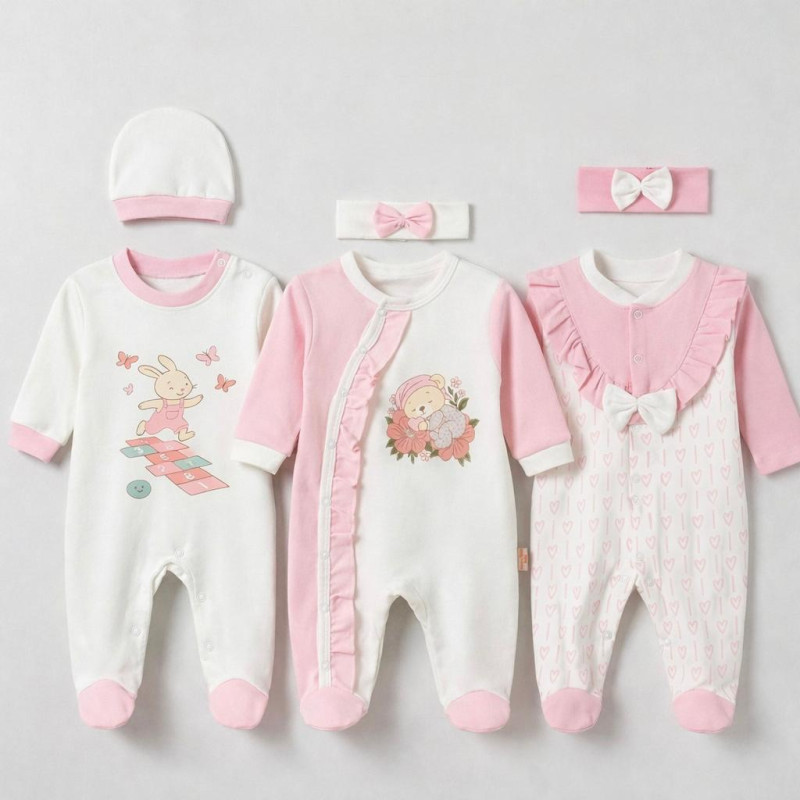 Pamuş 3’lü Baskılı ve Nakışlı %100 Pamuk Kız Bebek Tulum Seti