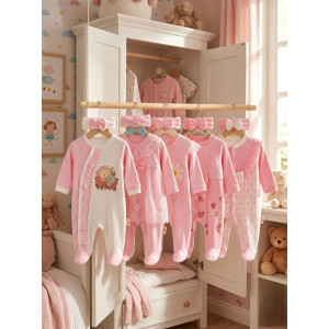 Pamuş Baby Kız Bebek 5’li %100 Pamuk Tulum Seti – Fiyonk & Dantel Detaylı 0-9 Ay Pembe