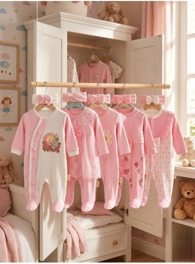 Pamuş Baby Kız Bebek 5’li %100 Pamuk Tulum Seti – Fiyonk & Dantel Detaylı 0-9 Ay Pembe