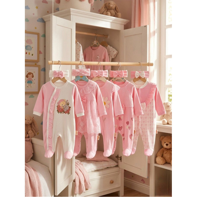 Pamuş Baby Kız Bebek 5’li %100 Pamuk Tulum Seti – Fiyonk & Dantel Detaylı 0-9 Ay Pembe