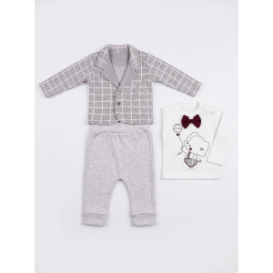 0-9 Ay Erkek Bebek 3’lü Takım – Şık Ceketli Body & Pantolon Set Gri