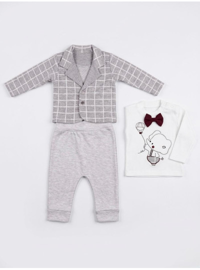 0-9 Ay Erkek Bebek 3’lü Takım – Şık Ceketli Body & Pantolon Set Gri