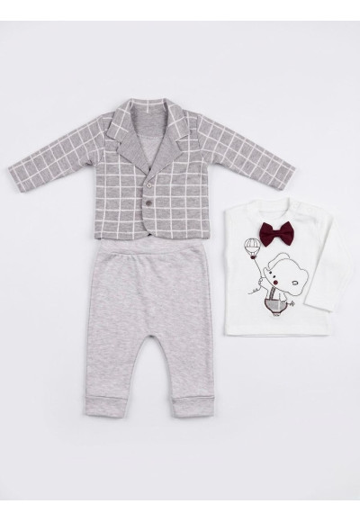 0-9 Ay Erkek Bebek 3’lü Takım – Şık Ceketli Body & Pantolon Set Gri