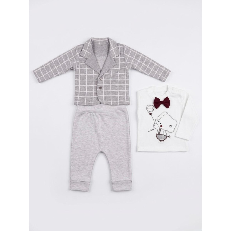 0-9 Ay Erkek Bebek 3’lü Takım – Şık Ceketli Body & Pantolon Set Gri