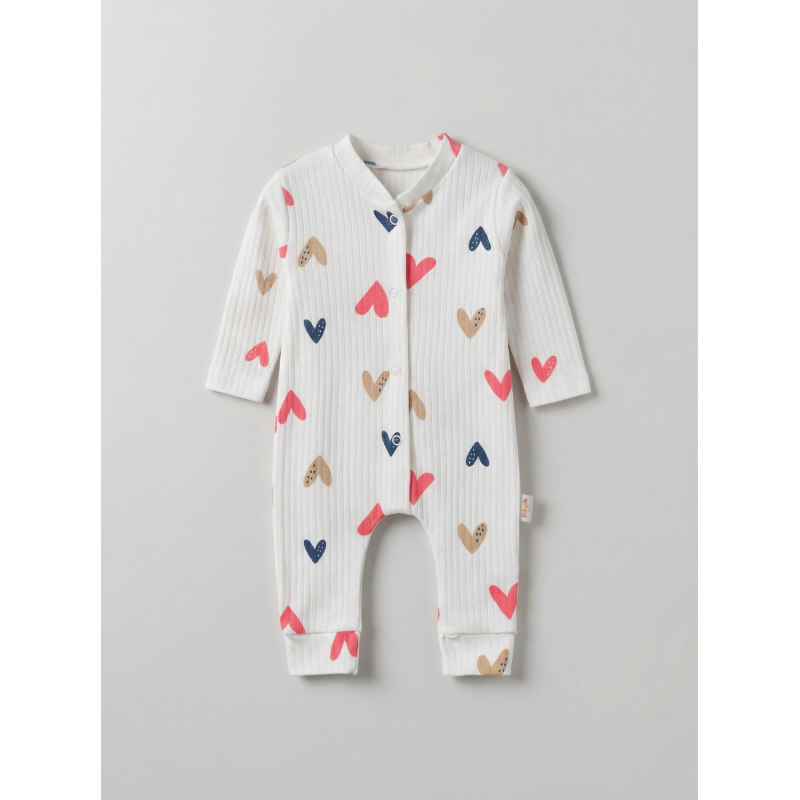 ZıbZıb 0-3-6 Ay Kalpli Penye Tulum Ekru - Pembe