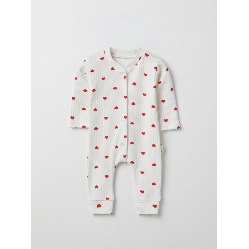 ZıbZıb 0-3-6 Ay Kırmızı Kalpli Penye Tulum Ekru