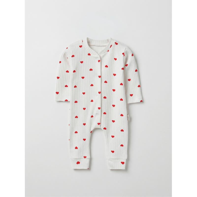 ZıbZıb 0-3-6 Ay Kırmızı Kalpli Penye Tulum Ekru