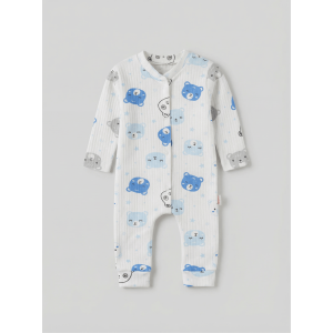 ZıbZıb 0-3-6 Ay Uyuyan Ayıcık Penye Tulum Ekru - Mavi