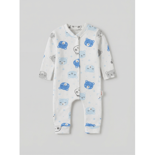 ZıbZıb 0-3-6 Ay Uyuyan Ayıcık Penye Tulum Ekru - Mavi