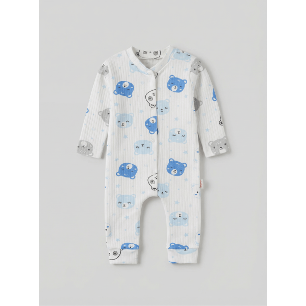ZıbZıb 0-3-6 Ay Uyuyan Ayıcık Penye Tulum Ekru - Mavi