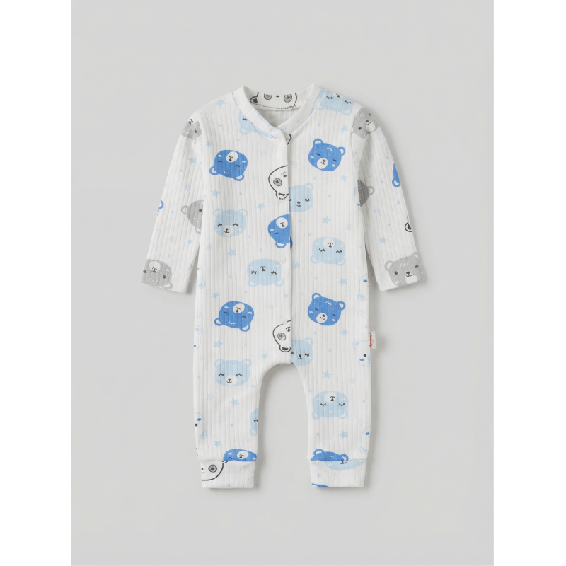 ZıbZıb 0-3-6 Ay Uyuyan Ayıcık Penye Tulum Ekru - Mavi