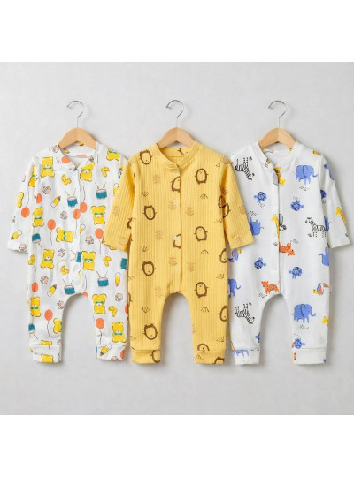 ZıbZıb 3’lü Baskılı Pamuk Erkek & Kız Bebek Tulum Seti 0-6-9 Ay
